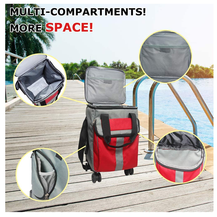 Custom Logo Extra Large Rolling Trolley With Cooler Compartment Fishing Bag Backpack Straps Tackle Box Storage