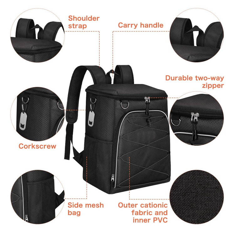 Custom Wholesale Outdoor Polyester Insulated Cooler Lunch Delivery Bags Picnic Travel Black Backpack