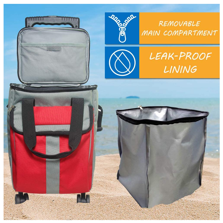 Custom Logo Extra Large Rolling Trolley With Cooler Compartment Fishing Bag Backpack Straps Tackle Box Storage
