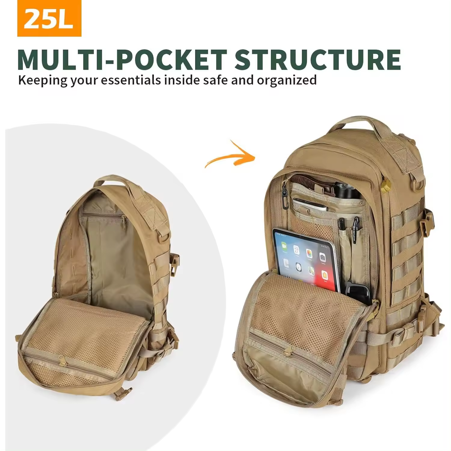 New Product Hunting Backpack Tactical 25L Rucksack Khaki Hiking Daypack