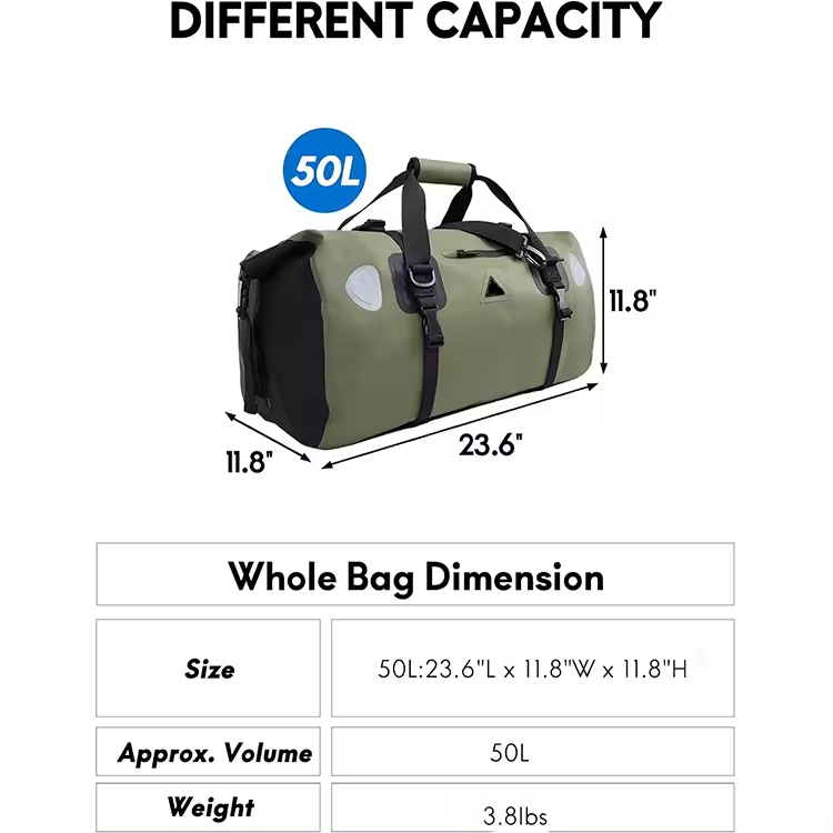 Large Capacity 50L Waterproof Roll-up Dry Duffel Bag with Quick-fixed Straps for Motorcycling, Rafting, Boating