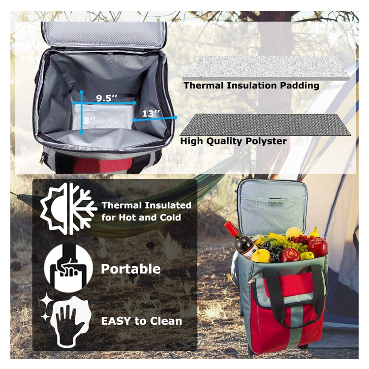 Custom Logo Extra Large Rolling Trolley With Cooler Compartment Fishing Bag Backpack Straps Tackle Box Storage